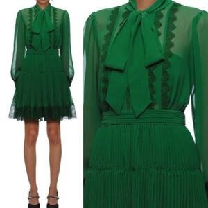 Self portrait Bow Pleated green mini dress size 6 S New